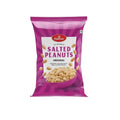A bag of Haldiram  Classic Salted Peanuts Original, featuring a vibrant magenta and purple striped packaging with a white label in the center showing peanuts in a bowl.

