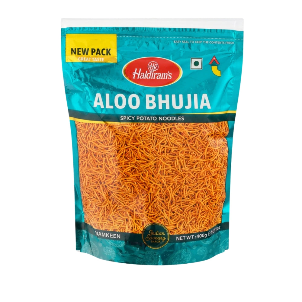 A 400g bag of Haldiram's Aloo Bhujia Spicy Potato Noodles, featuring a teal and yellow packaging design with a clear window showing the orange-red fried potato noodle mixture inside.
