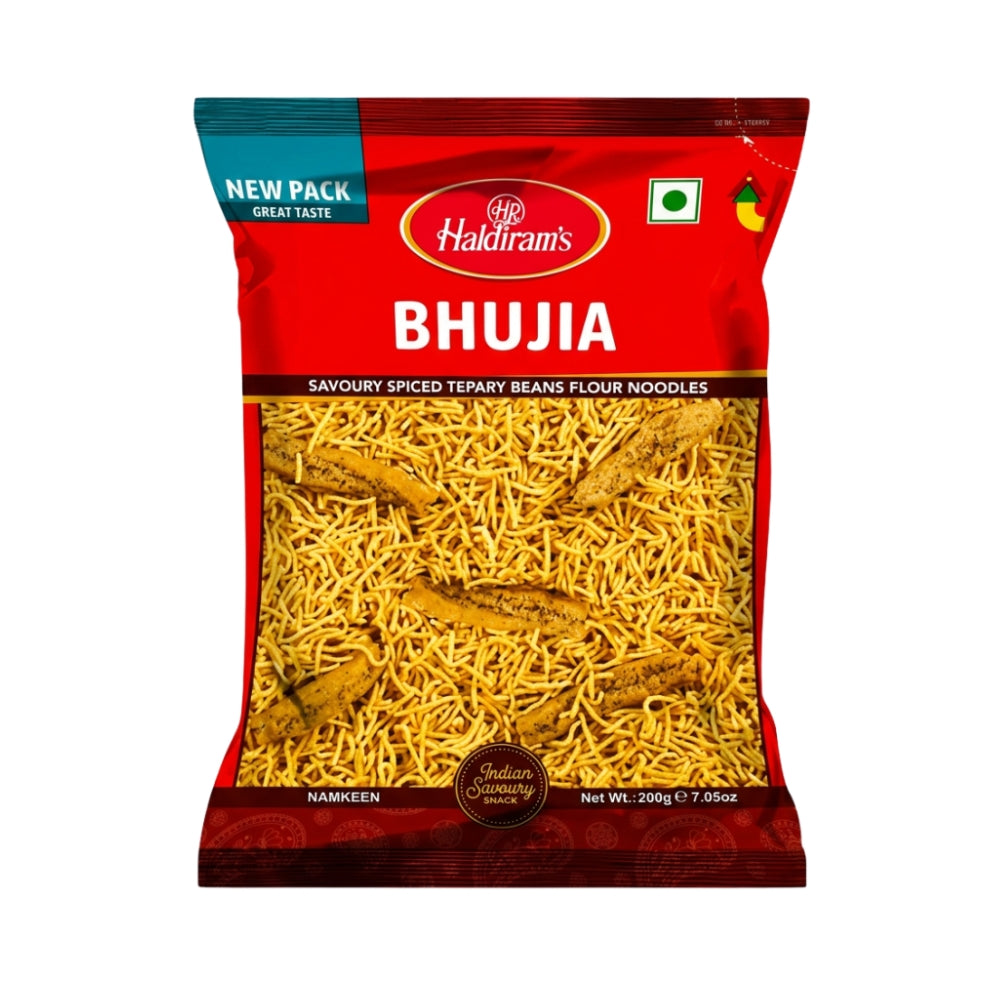 A 200g bag of Haldiram's Bhujia savoury spiced terry beans flour noodles, featuring a red packaging design with a clear window showing the golden-brown fried noodles inside.