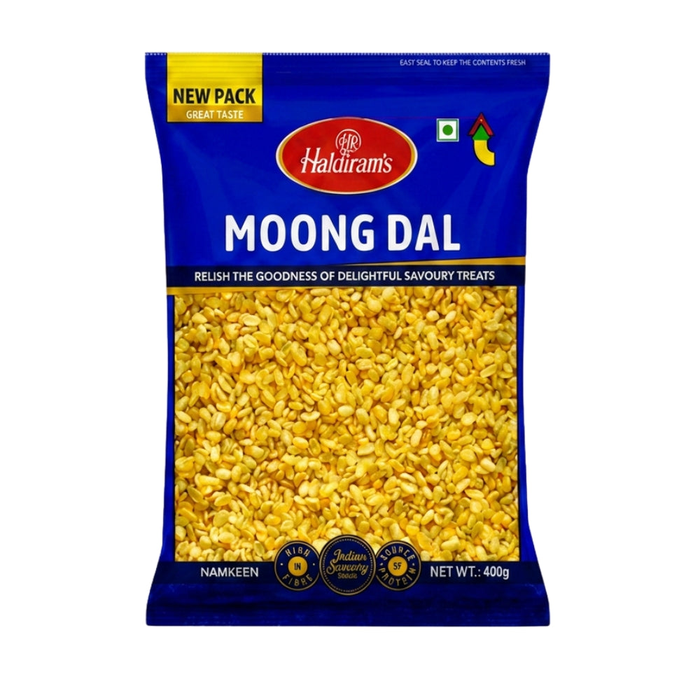 A 400g bag of Halkiram's Moong Dal Namkeen on a plain white background. The packaging is dark blue with a large clear window showing the yellow-brown moong dal pieces inside, along with a yellow 'NEW PACK' banner and the Halkiram's logo.