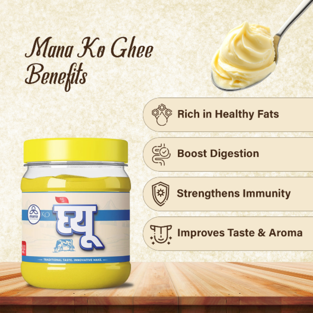 Jar of 'Mana Ko Ghee' with benefits listed on a wooden surface