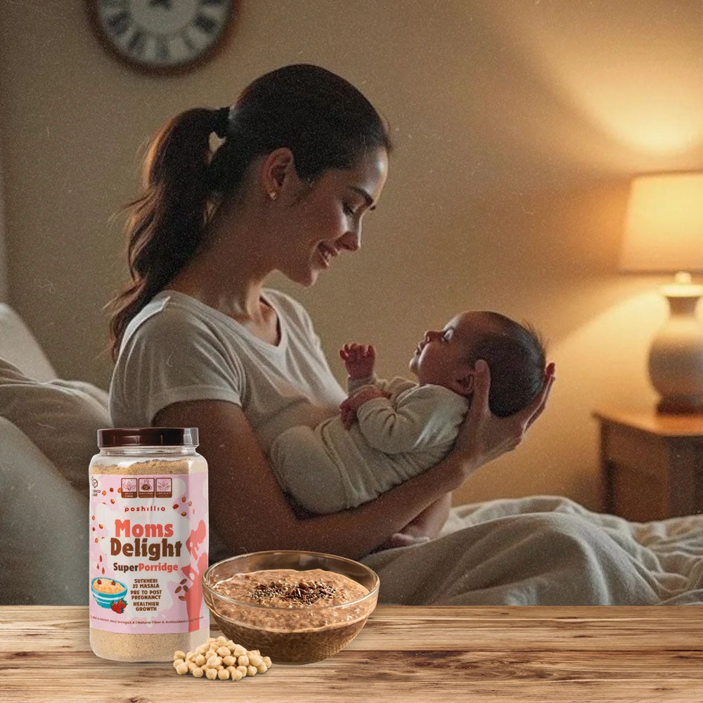 Woman holding a baby with a bottle of 'Moms Delight' Sutkeri Masala Sattu
