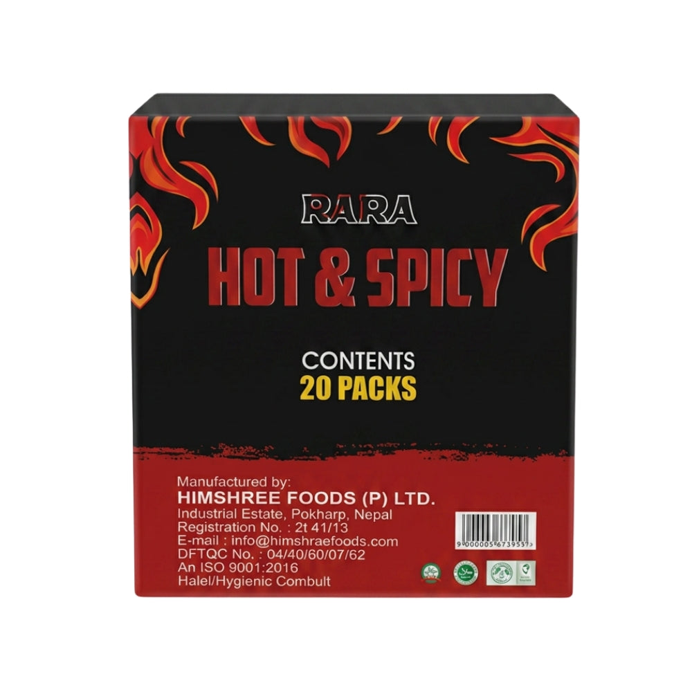 A square black retail box for RARA Hot & Spicy, featuring red and orange flame graphics, red and white text, and a red bottom section with manufacturer details and a barcode.
