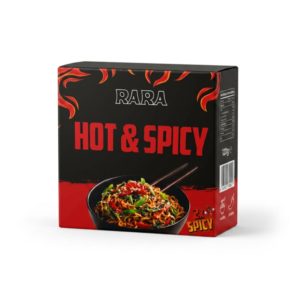 A 120g box of RARA Hot & Spicy instant noodles, featuring a black and red design with flame graphics and a bowl of prepared noodles on the front.