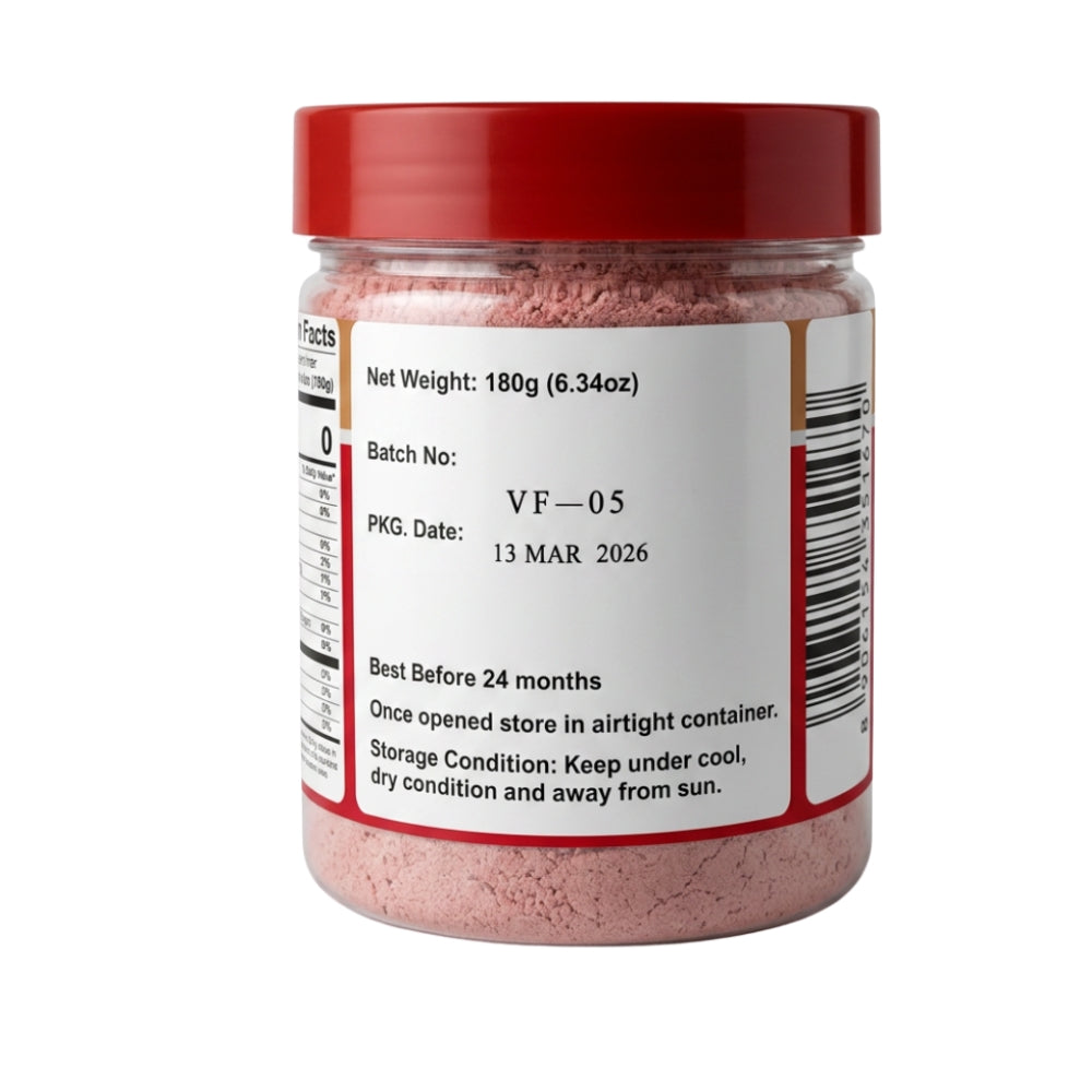 A clear plastic jar of pink powder with a red lid and a white label showing product details, photographed on a plain white background.