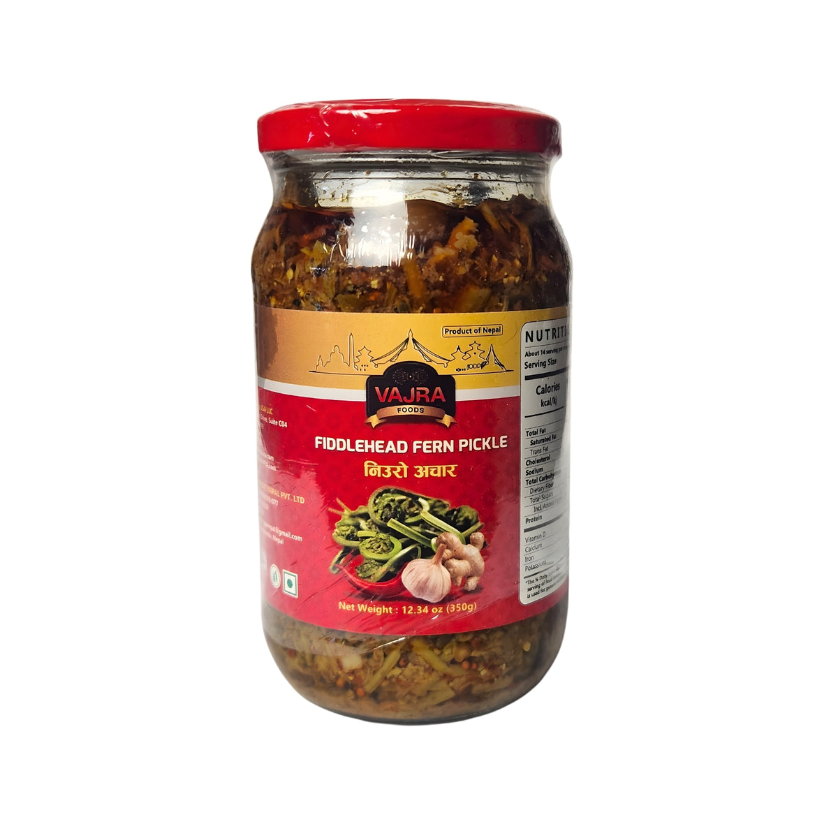 Jar of Vajra Fiddlehead Fern Pickle with a red label on a white background

