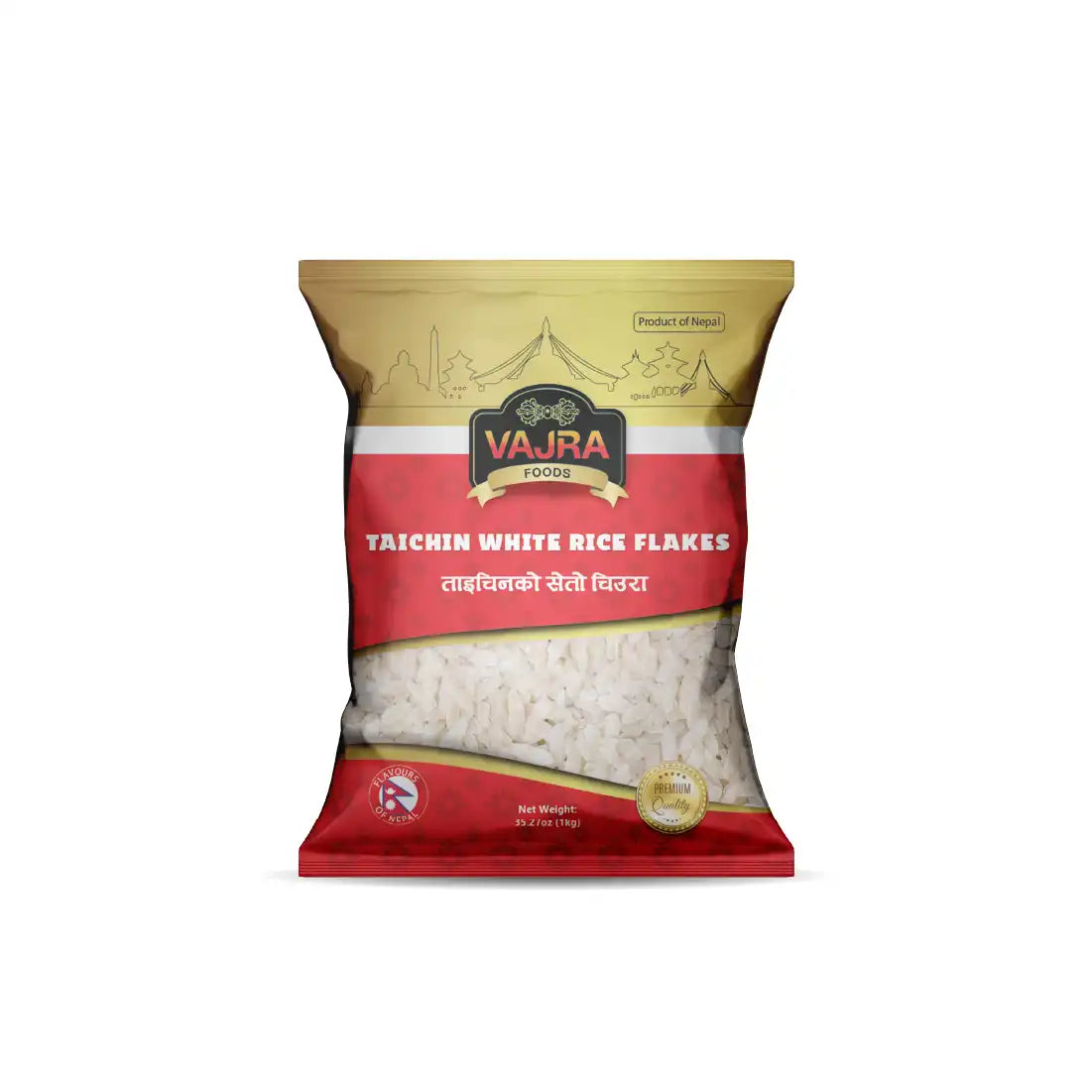 Bag of Vajra Foods Taichin White Rice Flakes on a white background
